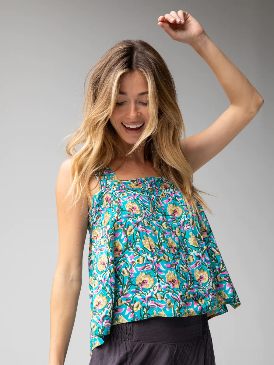 Kate Pleated Tank Top - Turquoise Floral